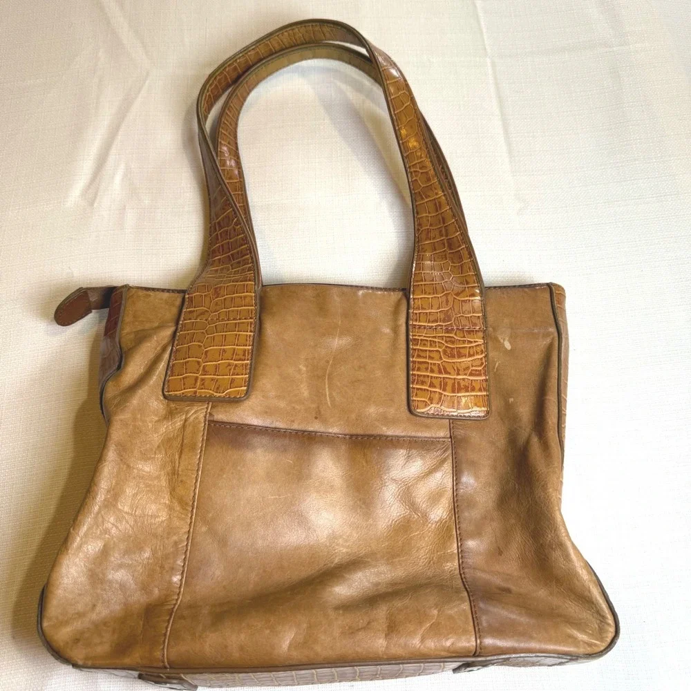 M.C. Vintage‎ Tan Leather Tote Bag Croc Embossed Shoulder Bag Cognac